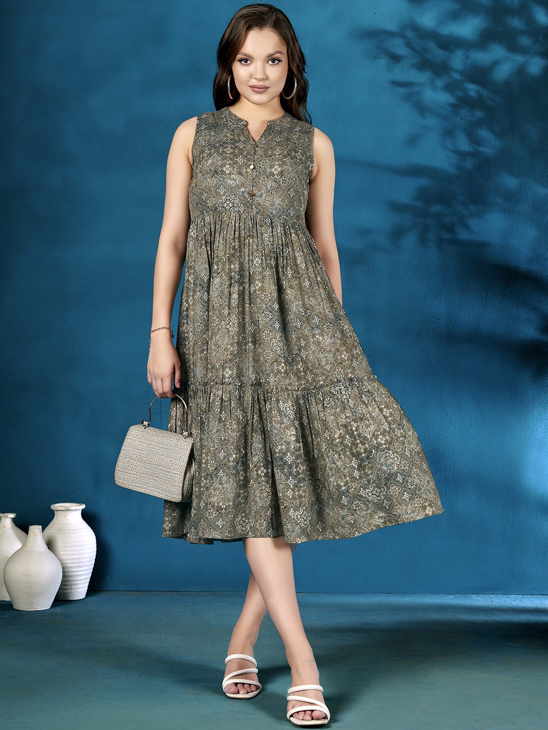 

Anouk Women Printed Fit & Flared Midi Ethnic Dresses, Olive