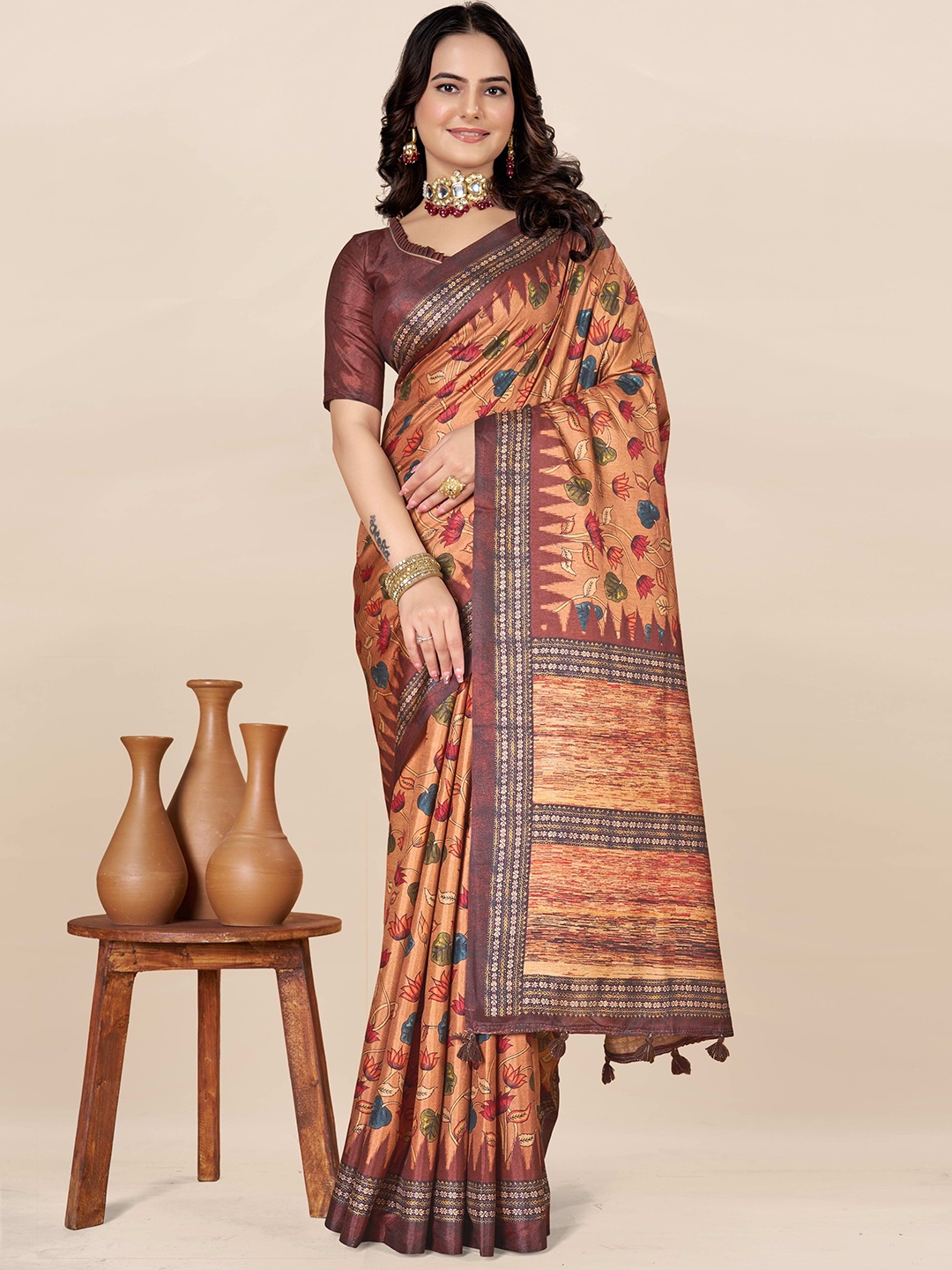 

ETHNIC TODAY Floral Saree, Brown