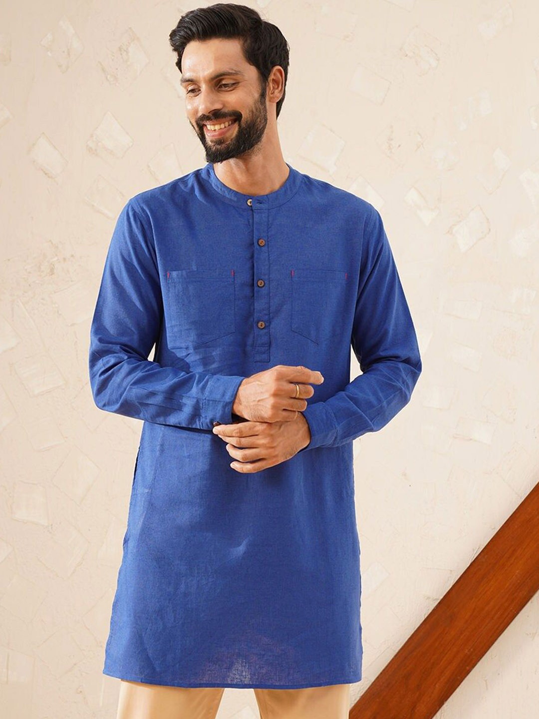 

JAYPORE Mandarin Collar Cotton Straight Kurta, Blue