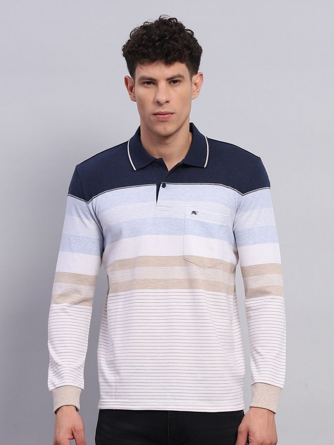 

Monte Carlo Men Striped Polo Collar Cotton T-shirt, Blue