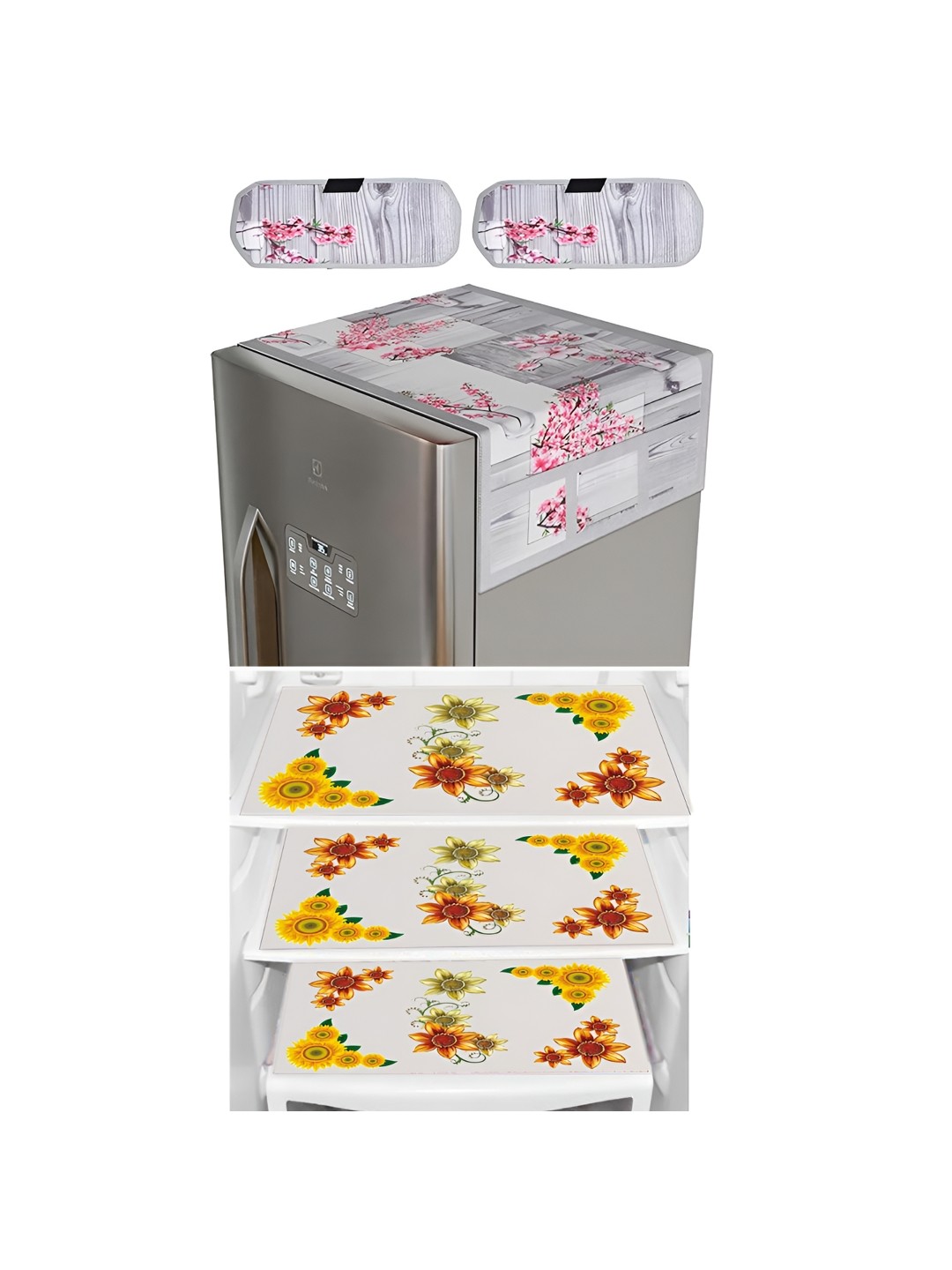 

LooMantha Grey & Pink 6 Pieces Printed Refrigerator Top With Handle Covers & Fridge Mats