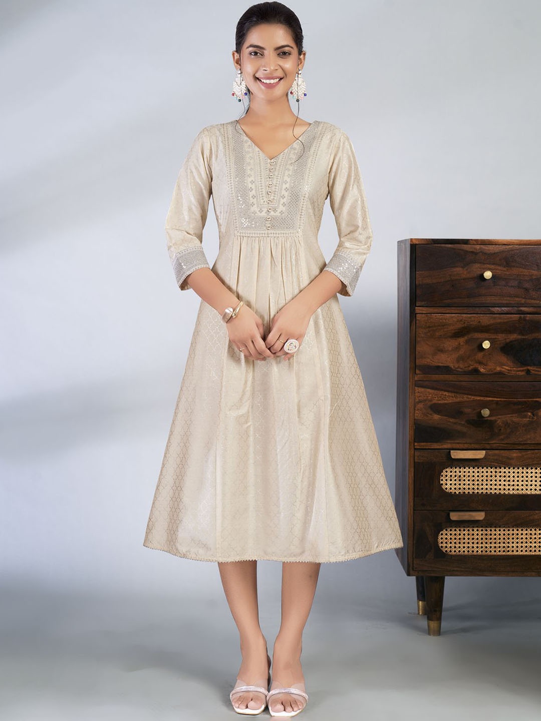 

Laxmipati Geometric Printed Sequinned Fit & Flare Midi Ethnic Dress, Beige