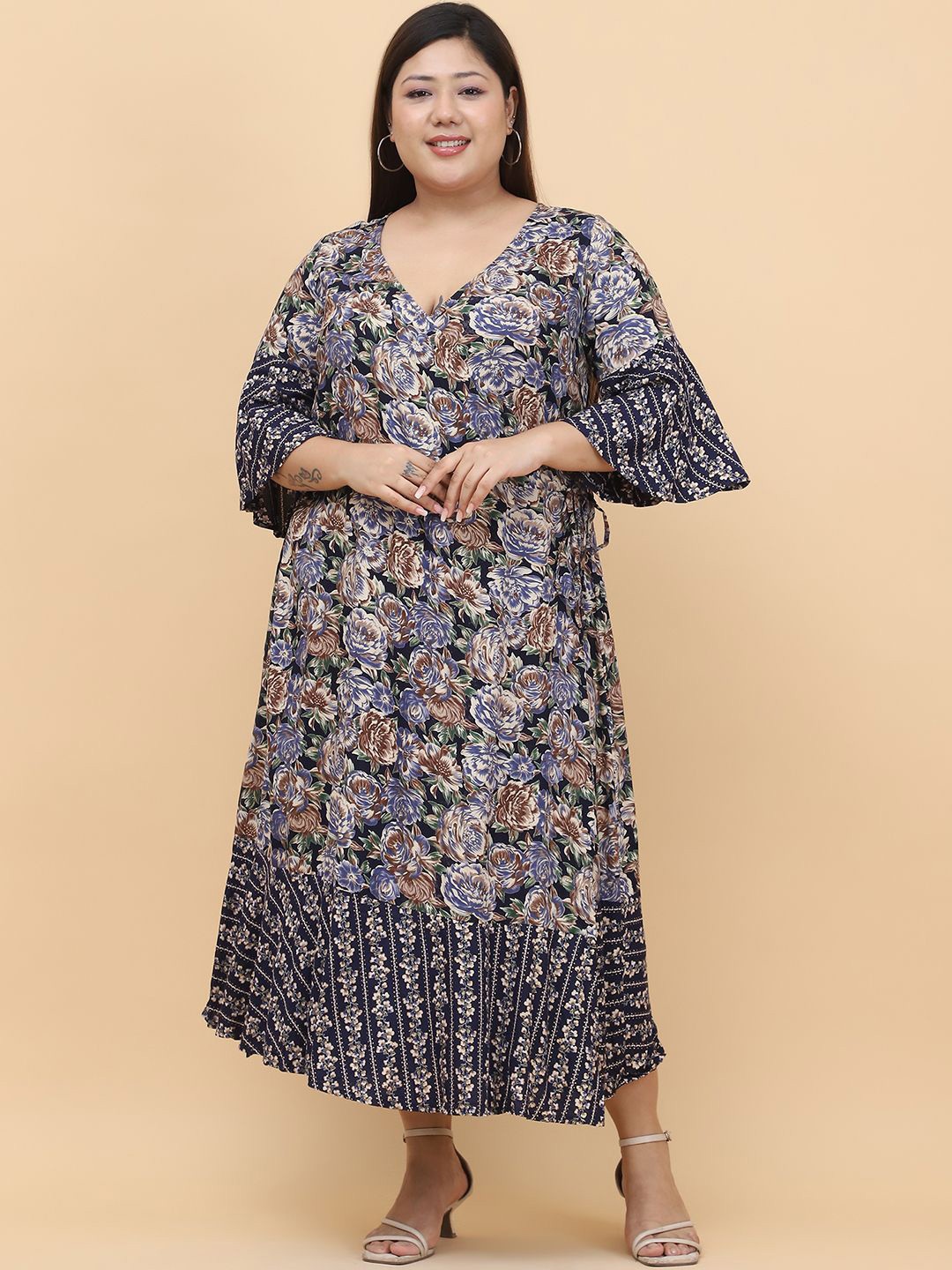 

theRebelinme Plus Size Floral Print A-Line V-Neck Midi Dress, Navy blue