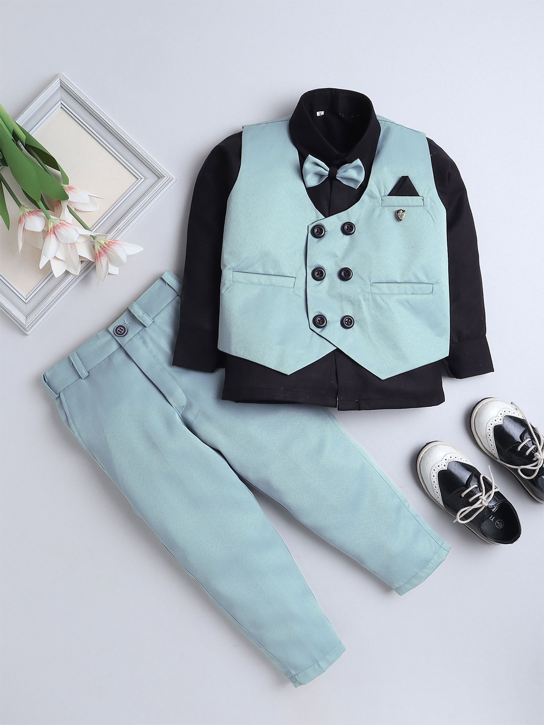 

BAESD Boys Double-Breasted Waistcoat and Trouser with Shirt 3-Piece Suits, Turquoise blue