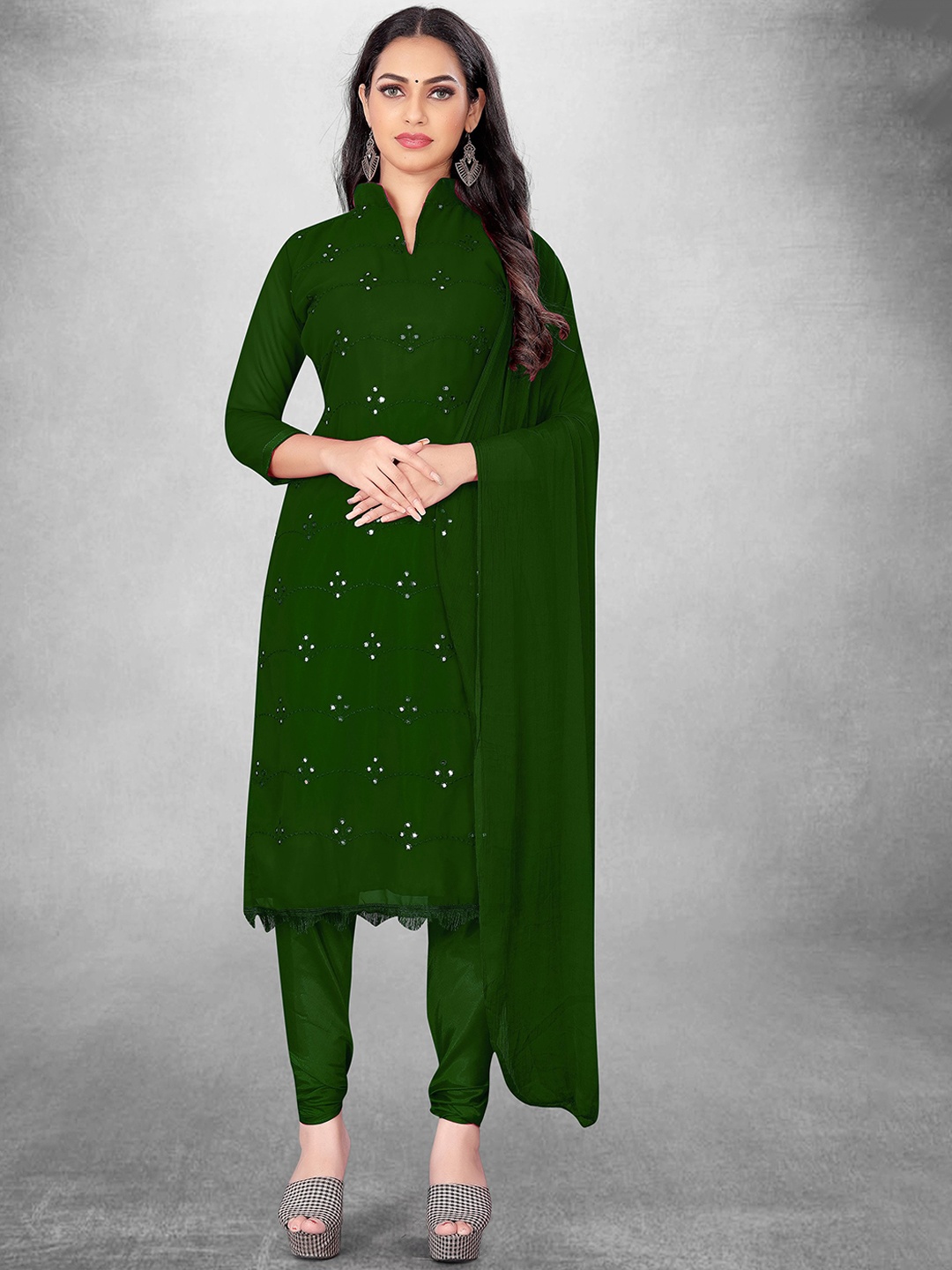

Maroosh Floral Embroidered Mirror Work Unstitched Dress Material, Green