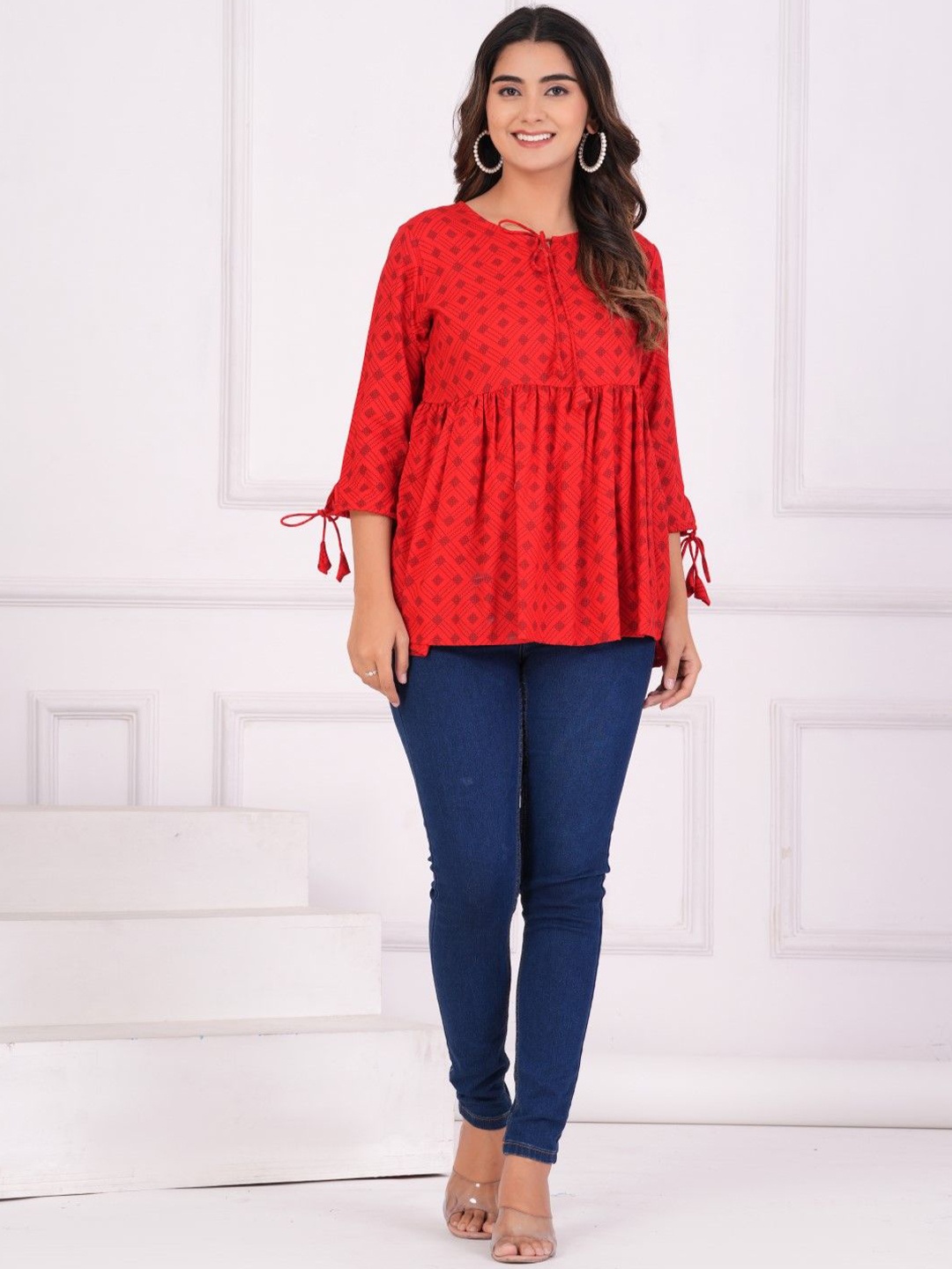 

ANTU KURTIES Women Print Tie - Up Neck Peplum Top, Red