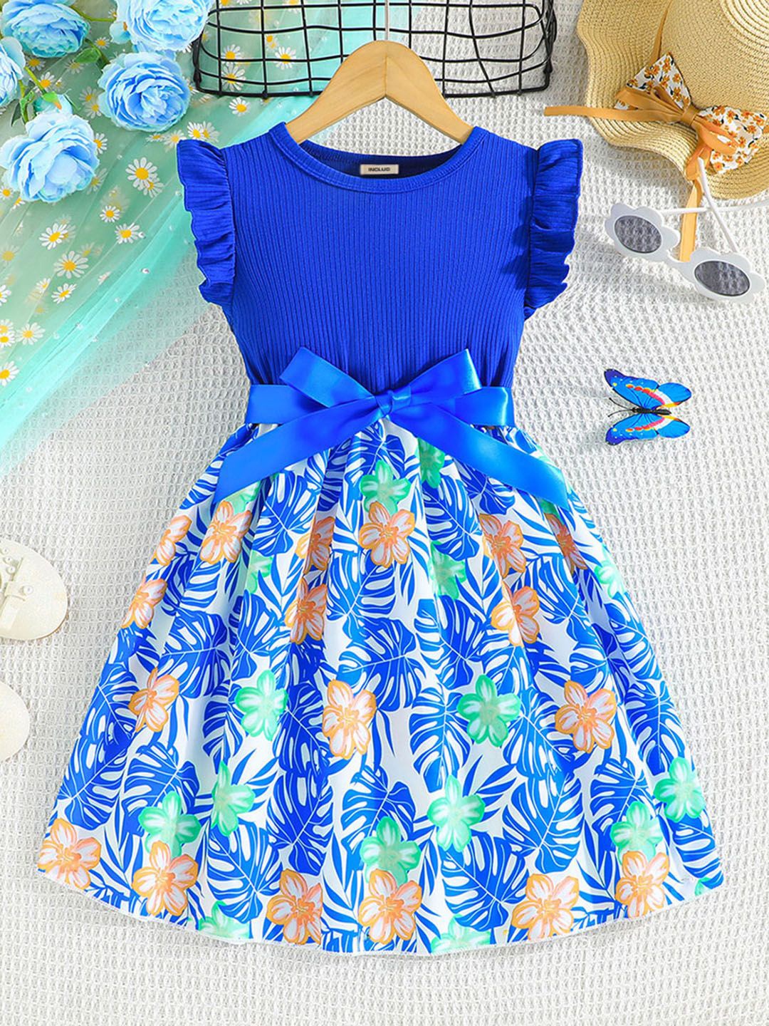 

INCLUD Girls Floral Printed Flutter Sleeve Fit & Flare Dress, Blue