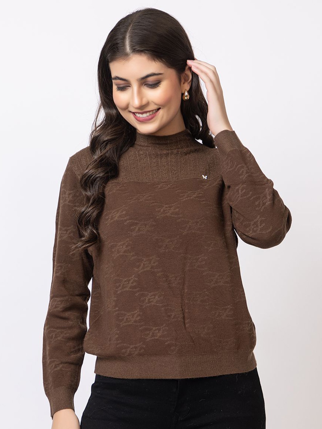 

GFO Women Solid Self Design Woollen Sweaters, Brown