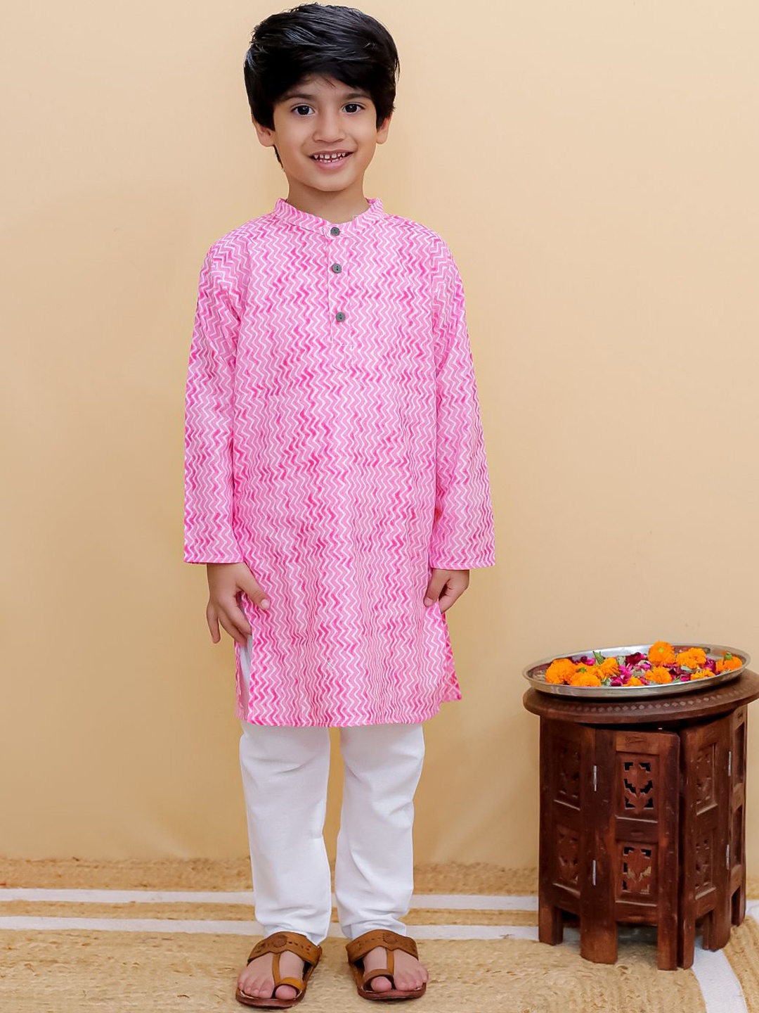 

Bold N Elegant Boys Leheriya Printed Straight Kurta with Pyjamas, Pink