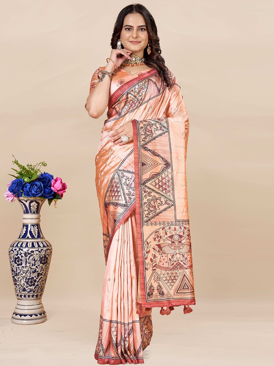 

ETHNIC TODAY Abstract Printed Saree, Peach