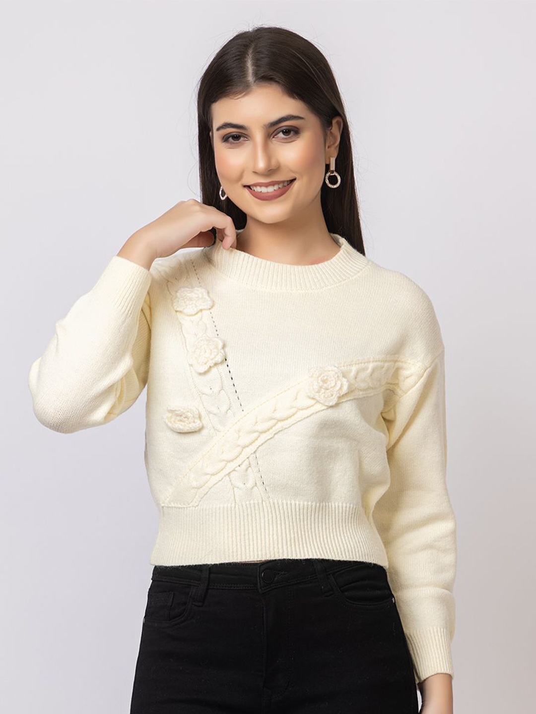 

GFO Women Floral Self Design Winter Woollen Pullover, Cream