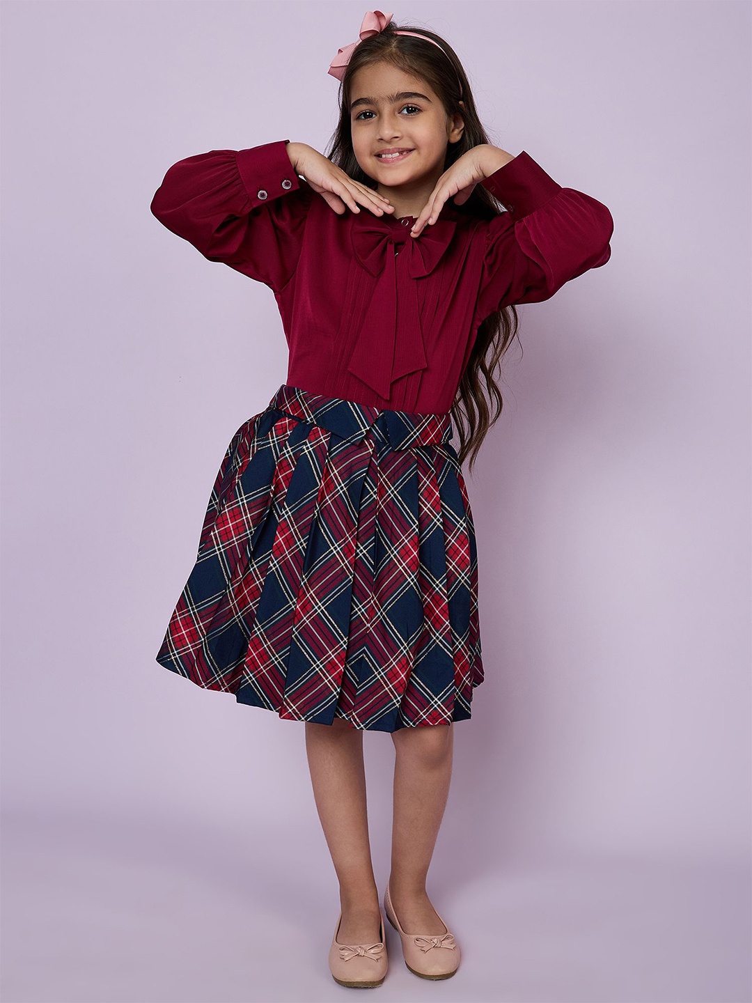 

Peppermint Girls Checked Mandarin Collar Top With Skirt, Maroon
