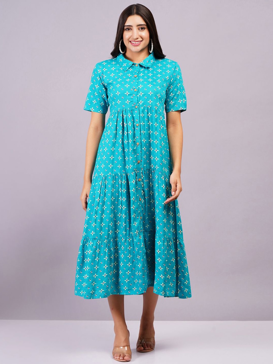 

BAESD Women Printed Shirt Collar Fit & Flare Dress, Blue