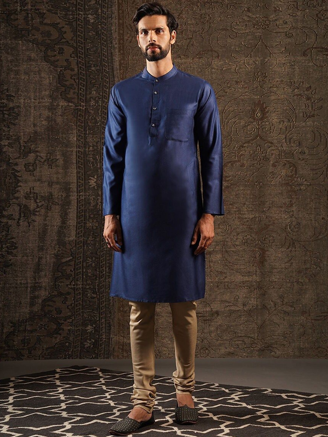

JAYPORE Band Collar Straight Kurta, Navy blue