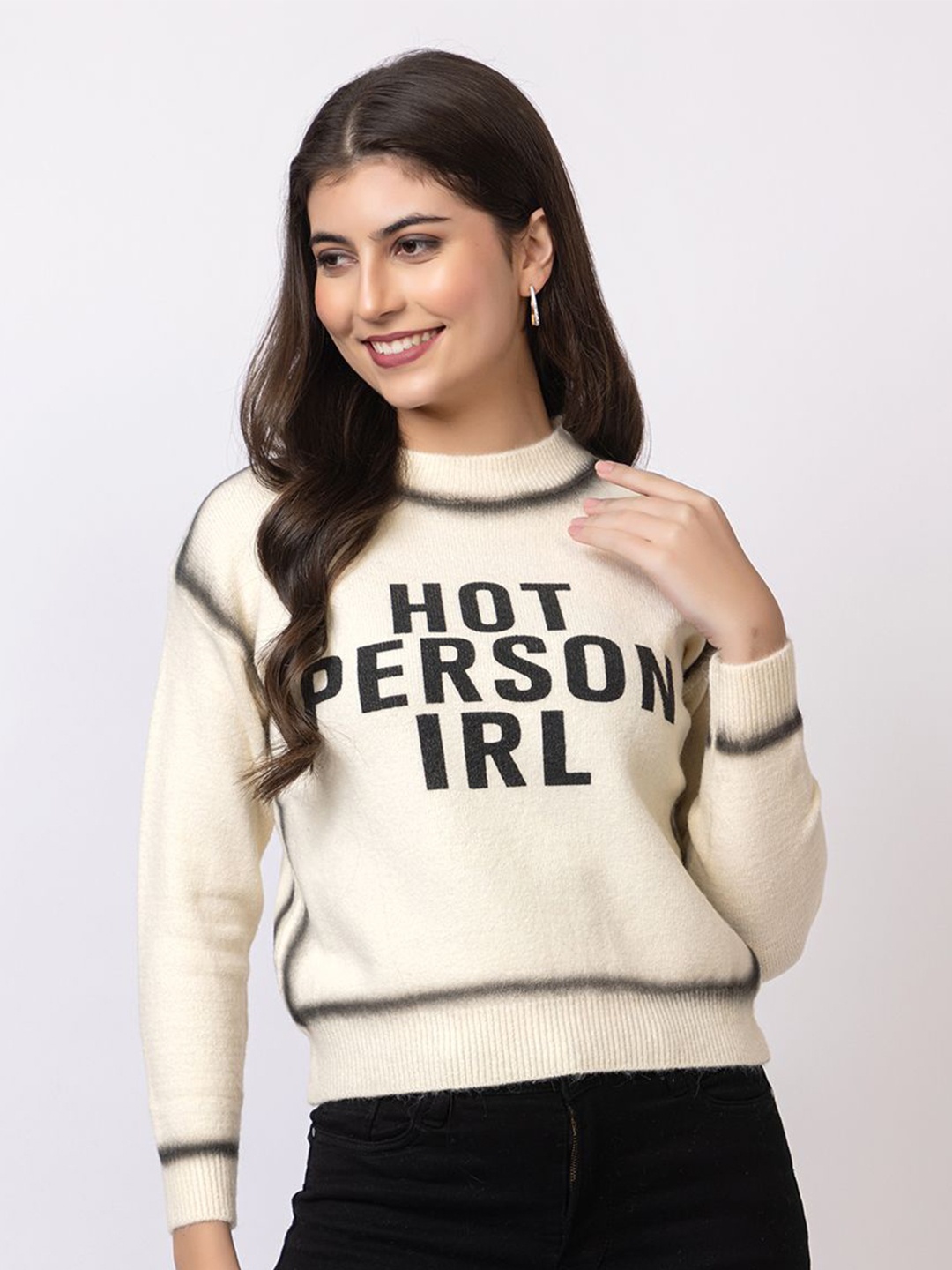 

GFO Women Typography Printed Woollen Pullover, Cream