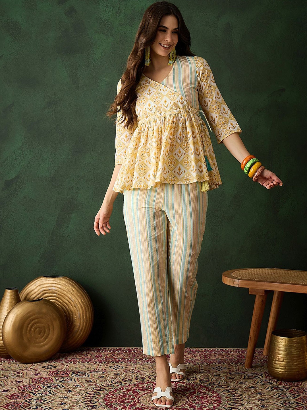 

Sangria Ethnic Motifs Printed V-Neck Pure Cotton Tunic With Trouser, Yellow