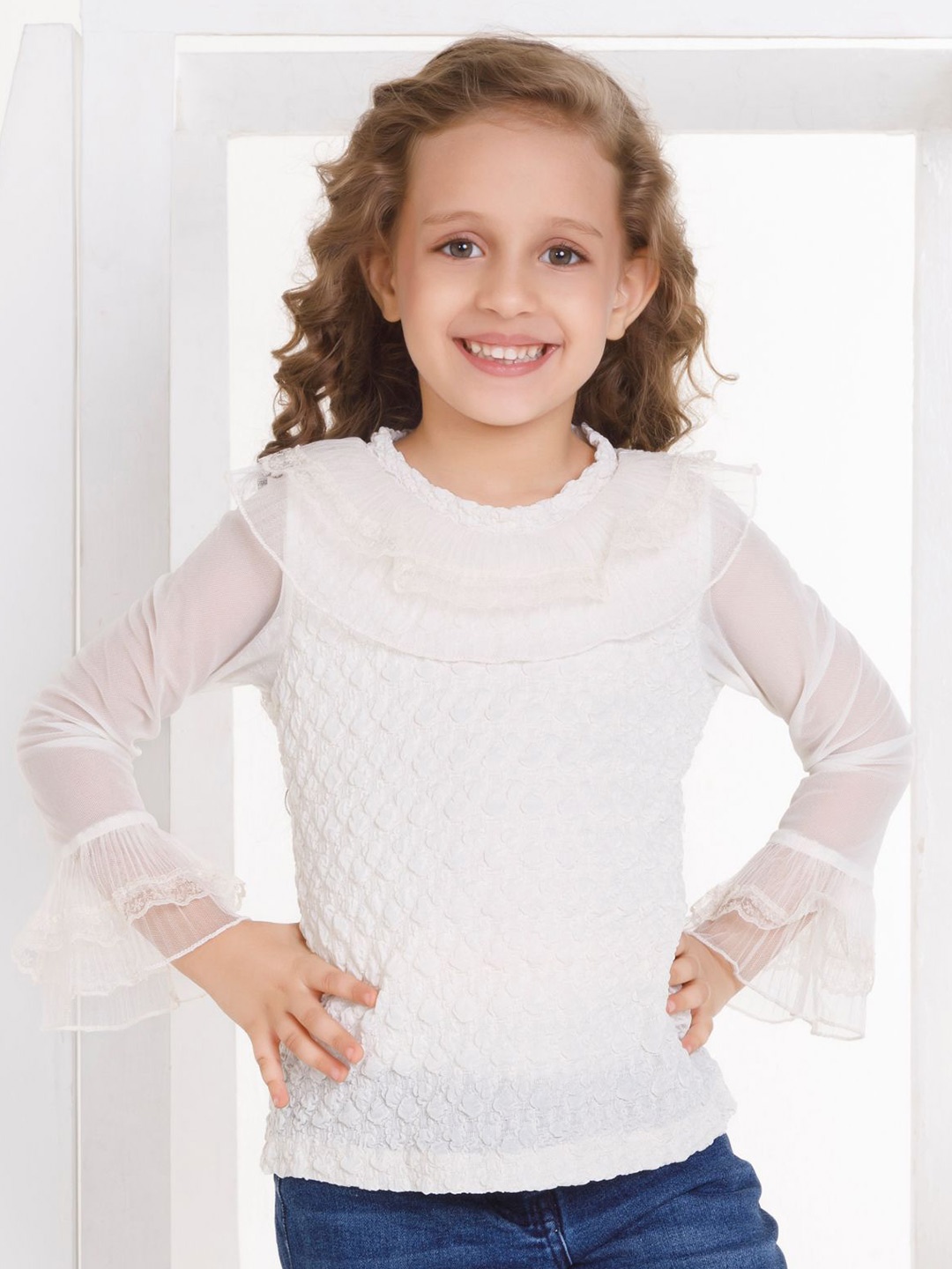 

Peppermint Girls Self Design Round Neck Regular Top, Off white