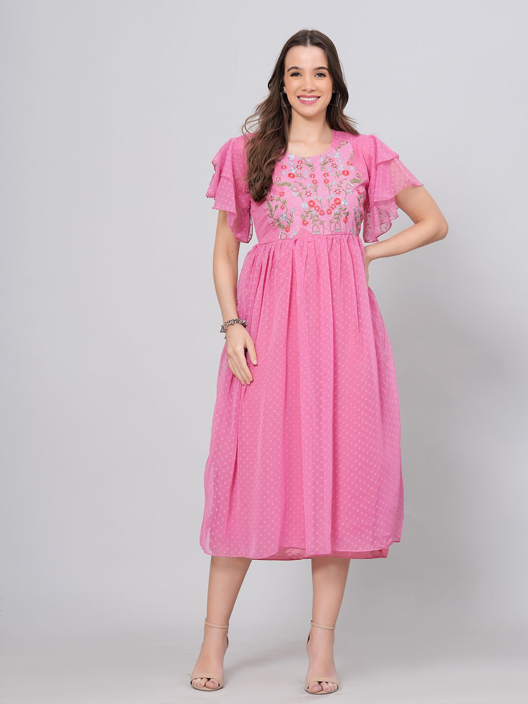 

BAESD Women Embroidered Self Design A-Line Midi Dress, Pink