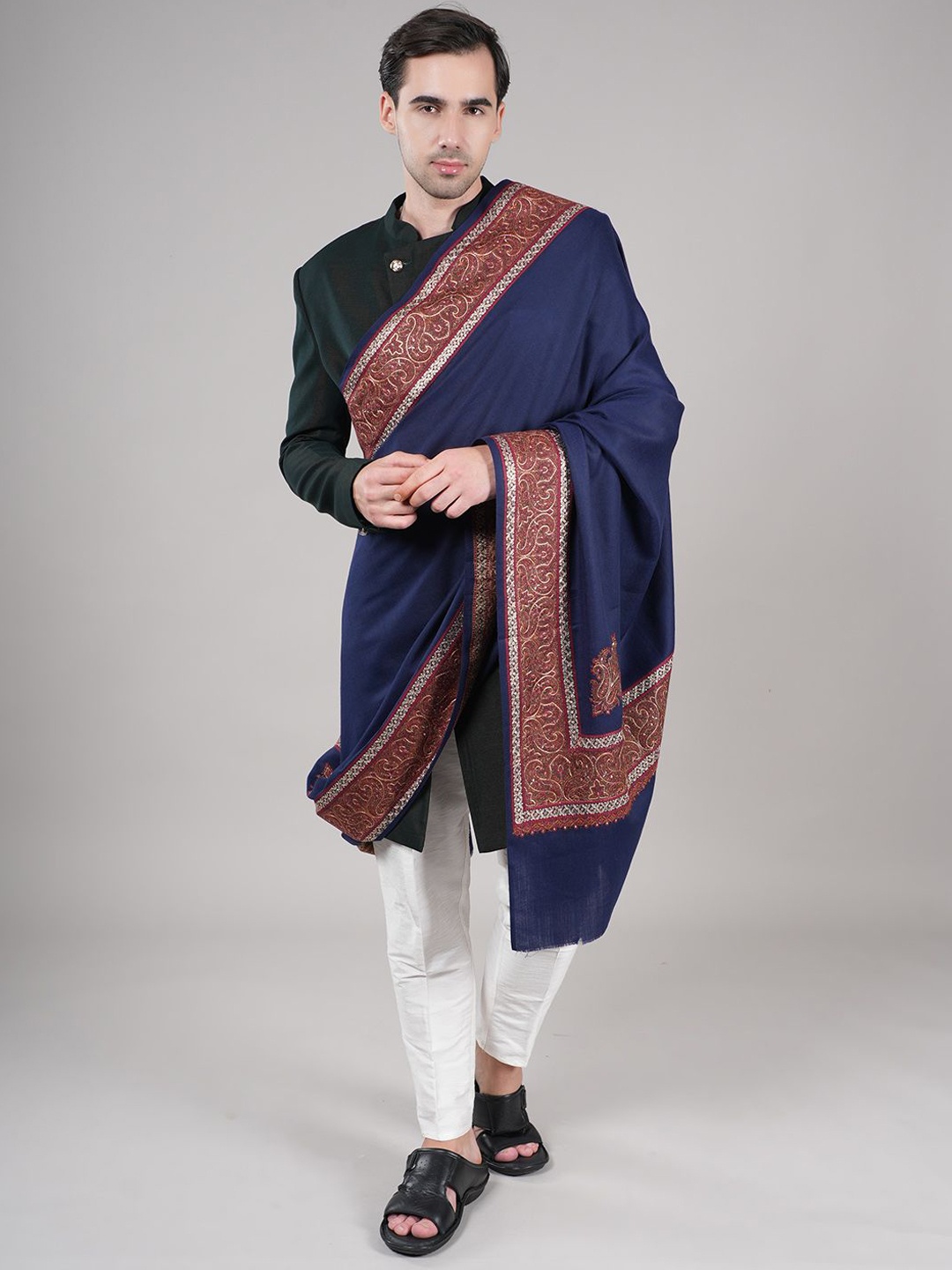 

MUFFLY Ethnic Motifs Printed Pashmina Woollen Shawl, Blue