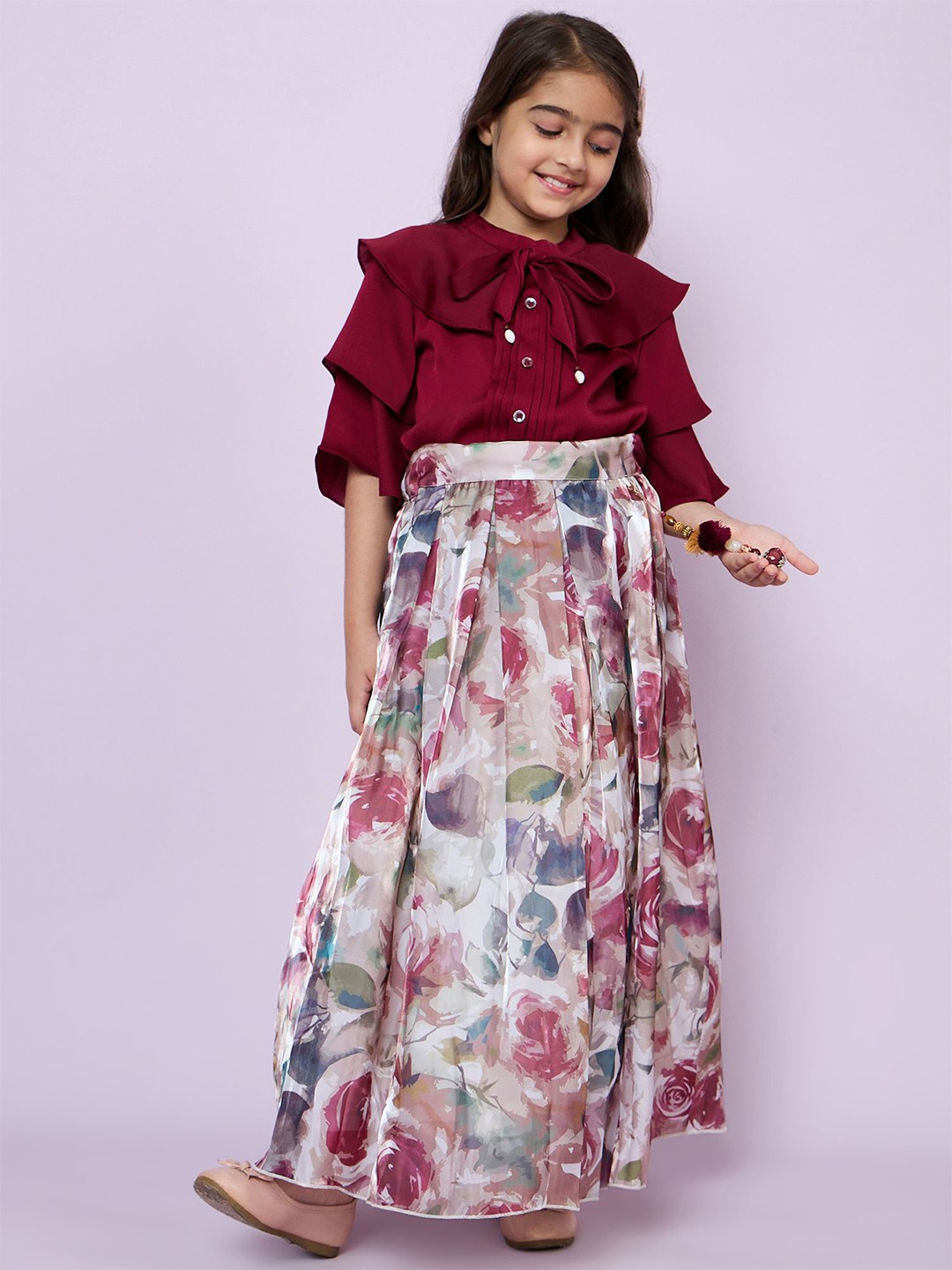 

Peppermint Girls self Design Mandarin Collar Short Sleeves Top With Skirt, Maroon
