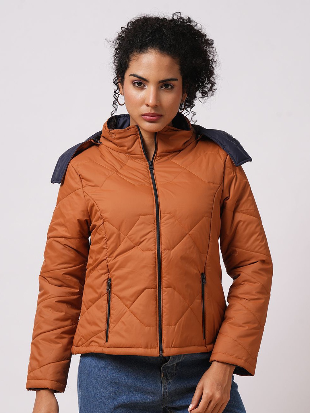 

Globus Women Hooded Solid Casual Quilted Reversible Jacket, Orange