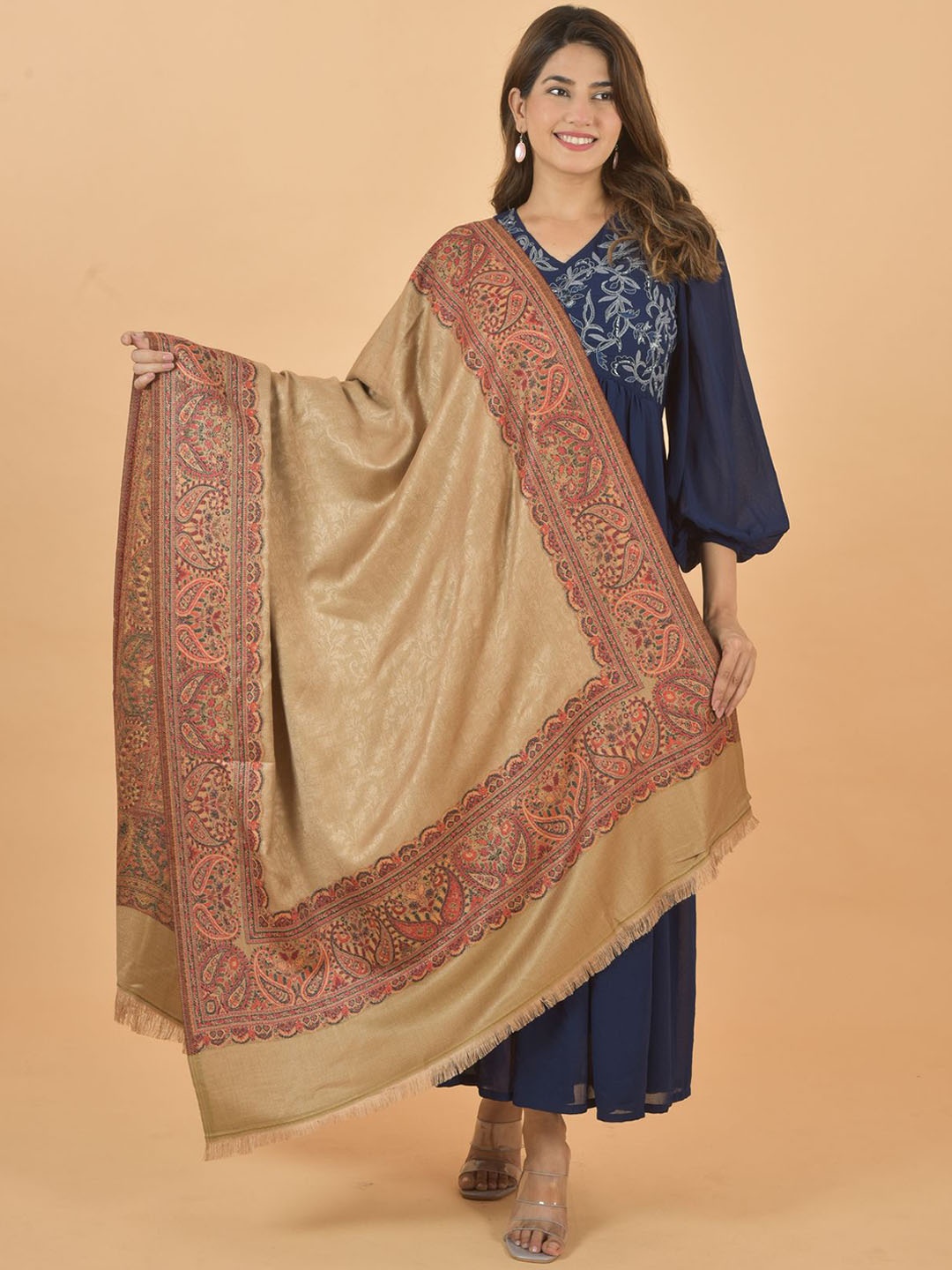 

BAISA Paisley Woven Design Pashmina Shawl, Camel brown