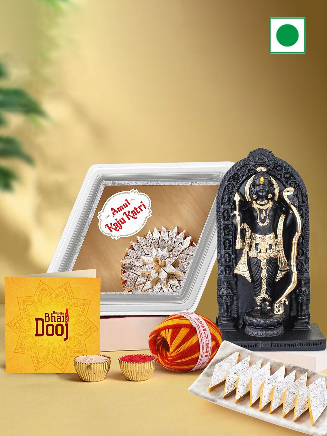 

TIED RIBBONS Bhai Dooj Gifts for Brother Ramlalla Idol Staute with 200g Kaju Katli, Yellow
