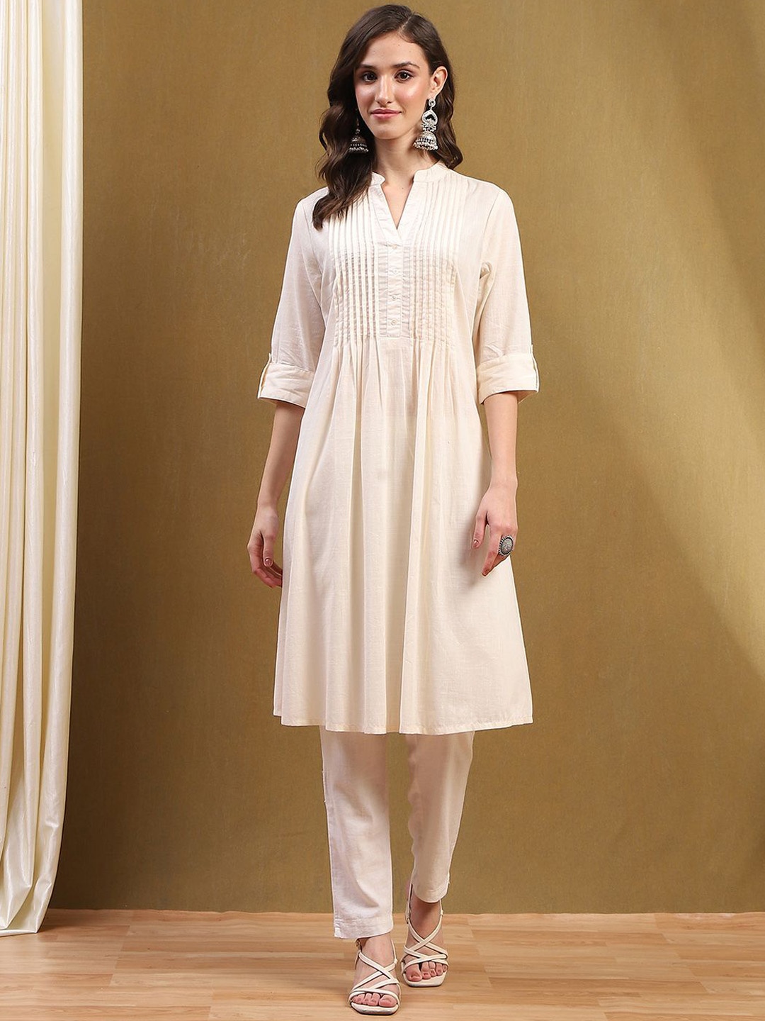

Biba Band Collar Panelled Cotton A-Line Kurta, Yellow