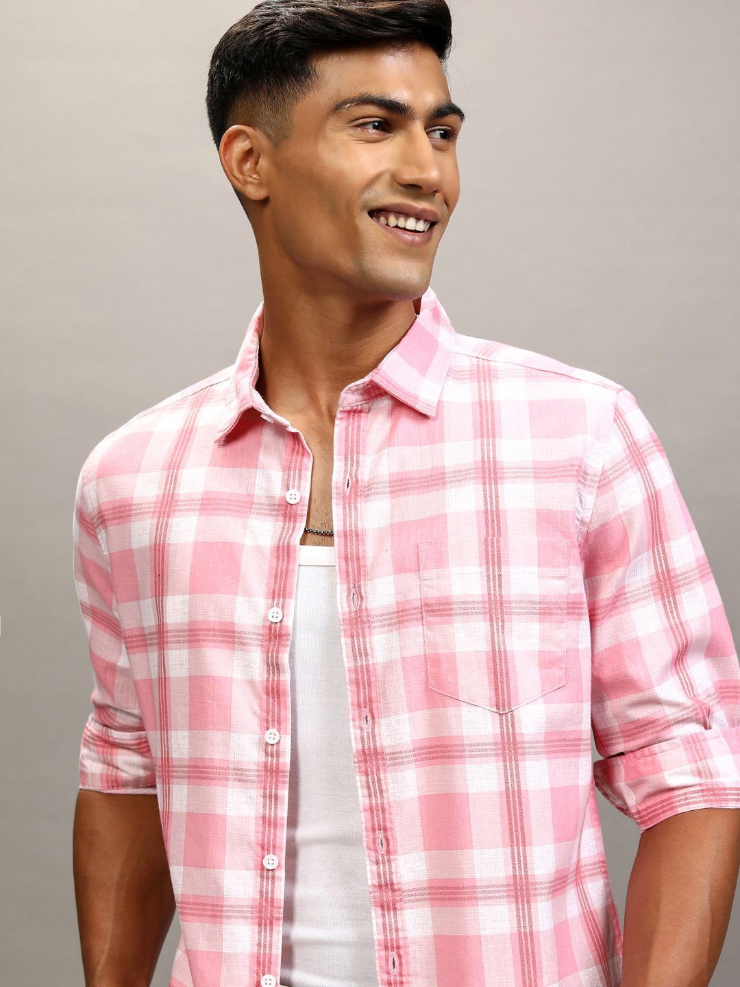

Highlander Men Cotton Linen Checked Casual Shirt, Pink