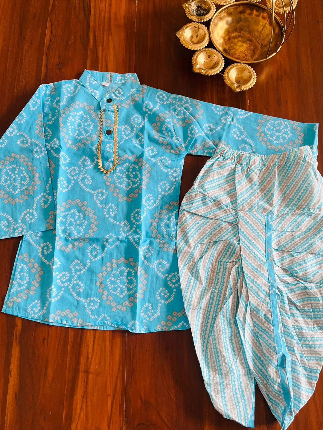 

Bold N Elegant Boys Bandhani Printed Straight Cotton Kurta with Dhoti Pants, Blue