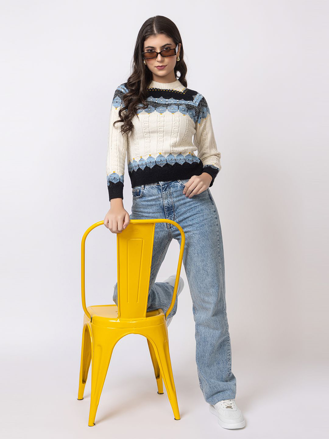 

GFO Women Cable Knit Woollen Pullover with Embellished Detail, Blue