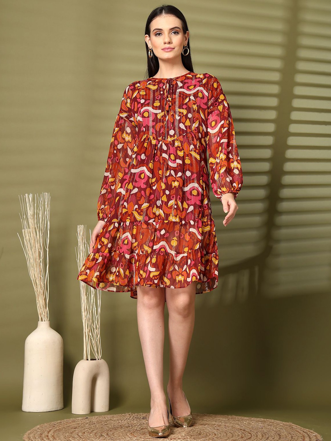 

plusS Printed Puff Sleeve Fit & Flare Dress, Rust