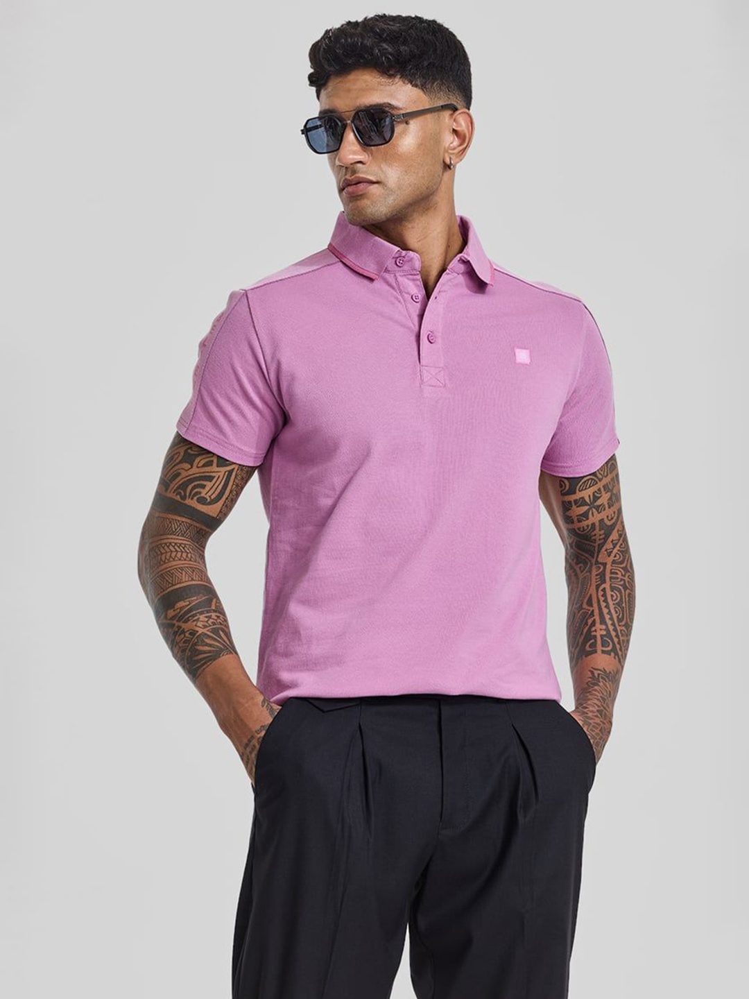 

Snitch Men Solid Polo Collar Cotton Slim Fit T-shirt, Purple