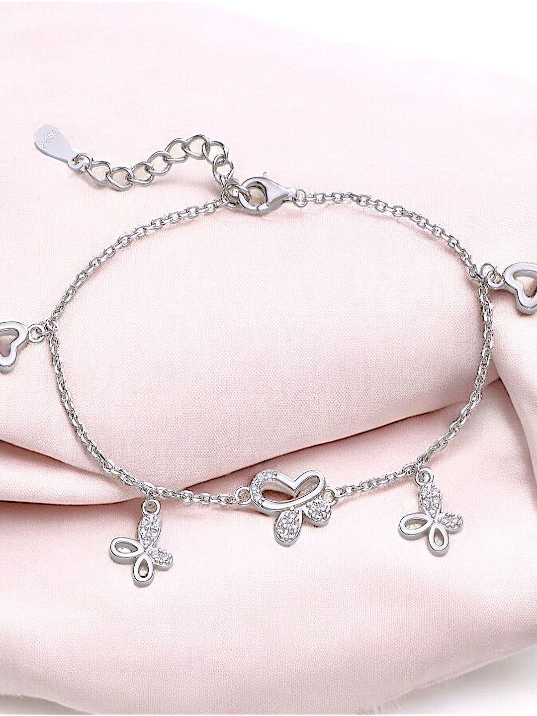 

Taraash 925 Sterling Silver Cubic Zirconia Butterfly and Heart Charm Link Bracelet