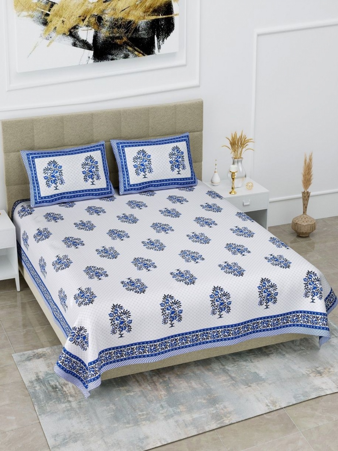 

HOMELINE Blue & White Ethnic Motifs Pure Cotton 180 TC King Bedsheet Set 2.54 x 2.74Mts