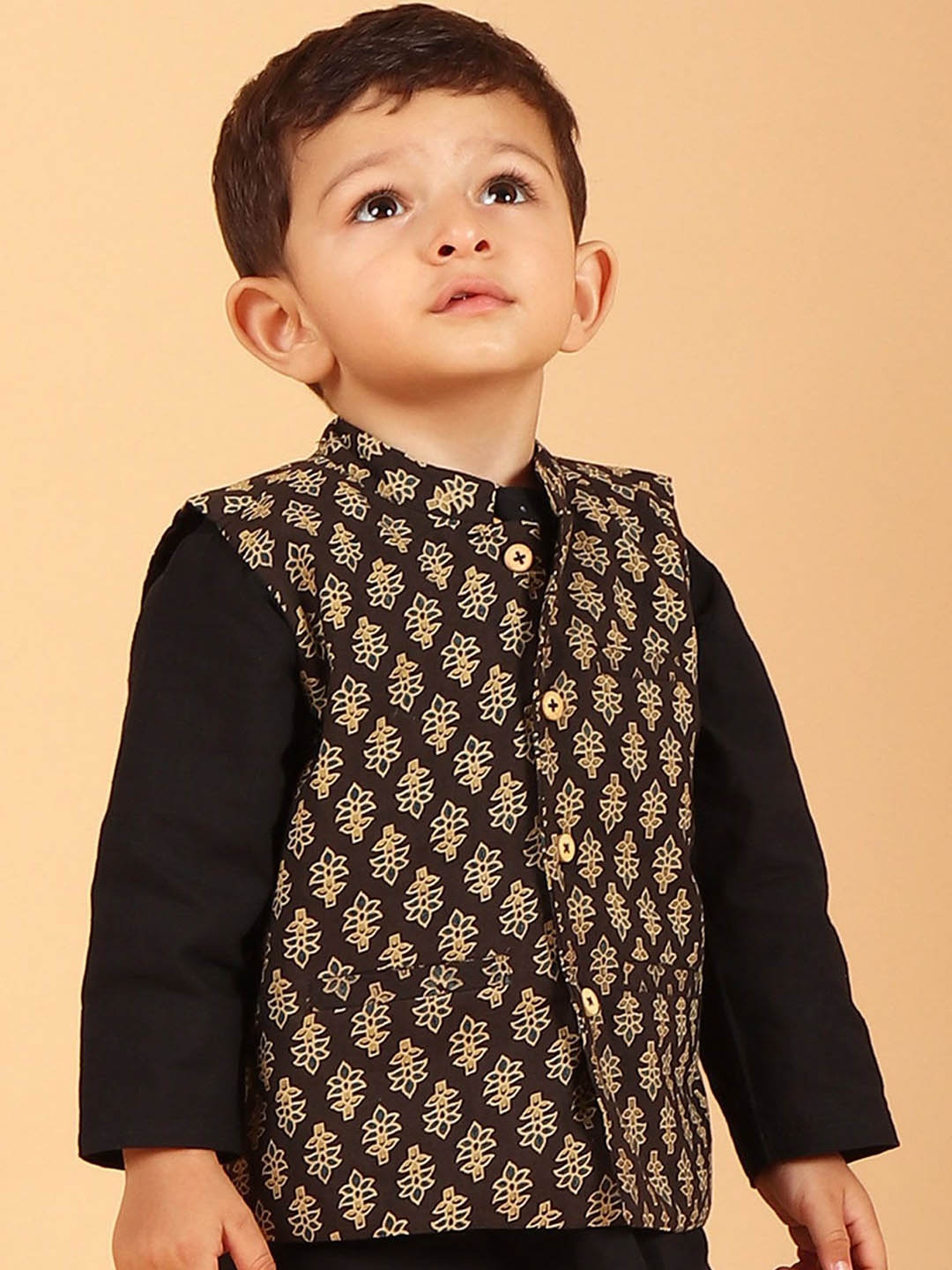

TJORI Boys Printed Woven Pure Cotton Nehru Jackets, Black