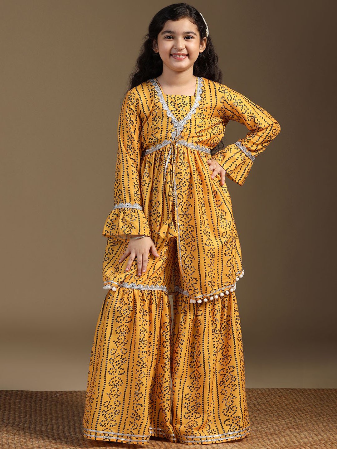 

FASHION DREAM Girls Bandhani Printed A-Line Kurta With Sharara, Yellow