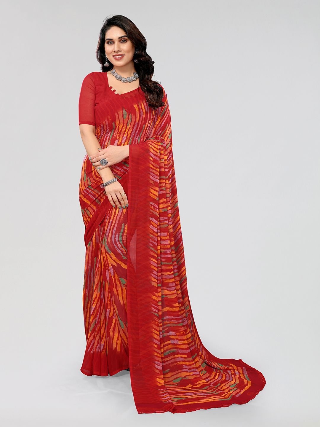 

ANAND SAREES Striped Printed Saree, Red