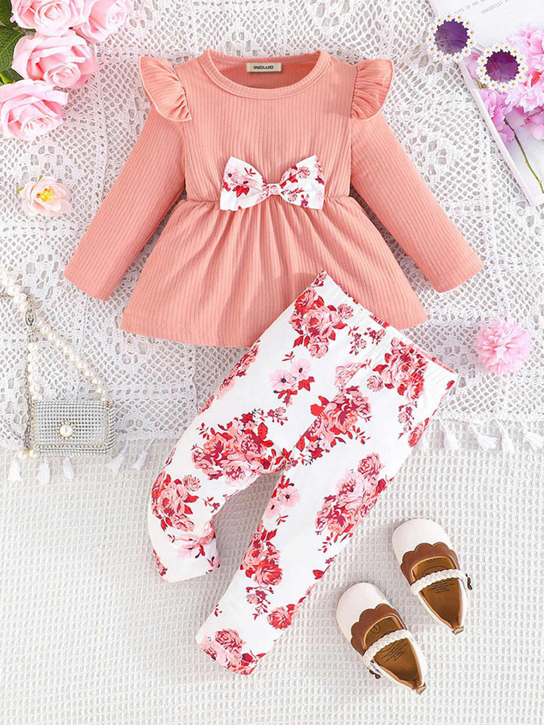 

INCLUD Girls Floral Printed Top With Trousers, Pink