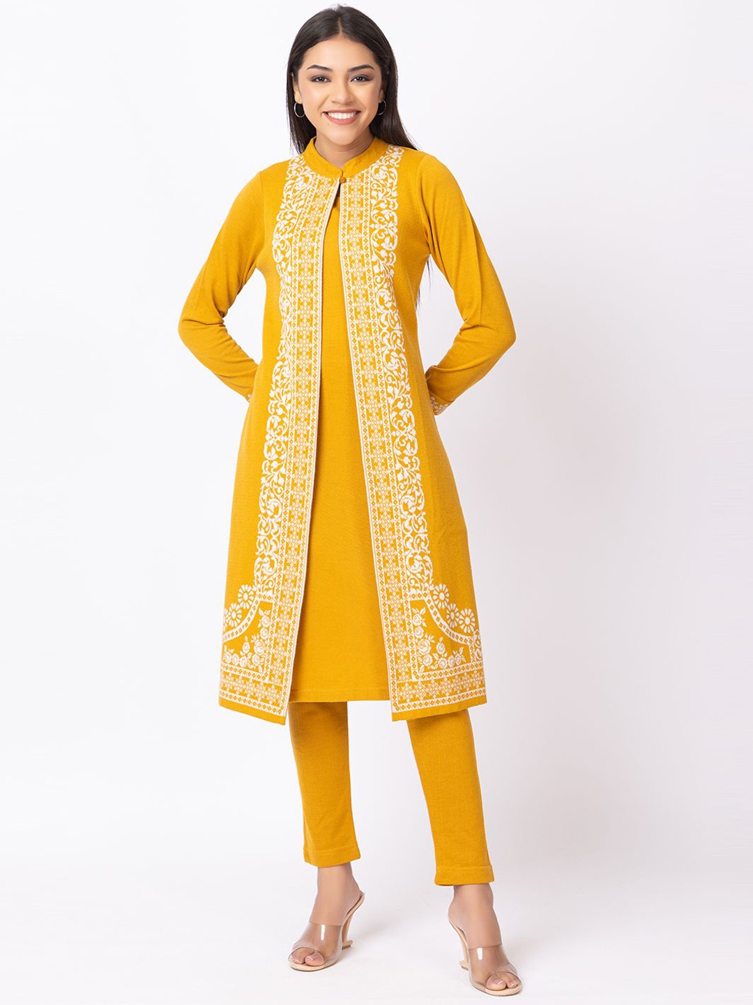 

KEIKO Ethnic Motif Woven Design Mandarin Collar Straight Kurta with Trouser, Mustard