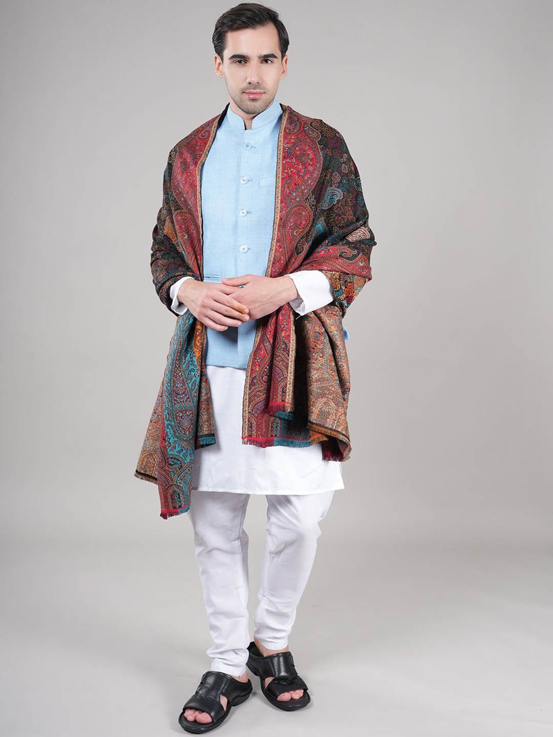 

MUFFLY Ethnic Motifs Printed Woven Design Reversible Pure Wool Shawl, Black