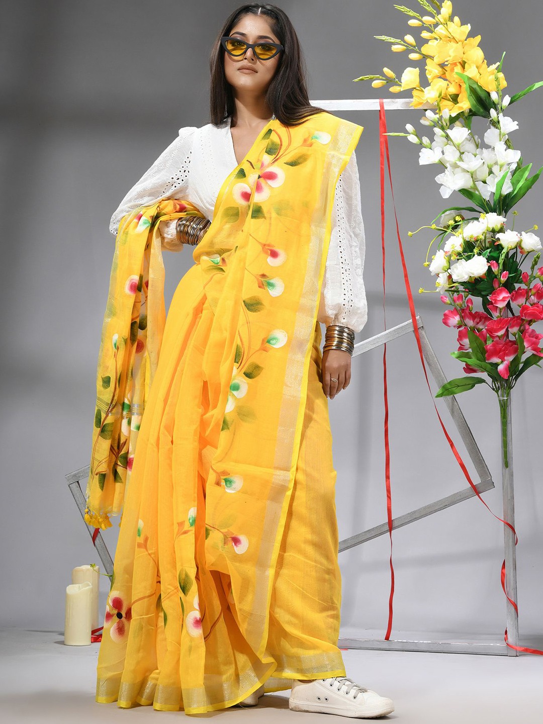 

TANTLOOM Floral Printed Zari Pure Cotton Saree, Yellow