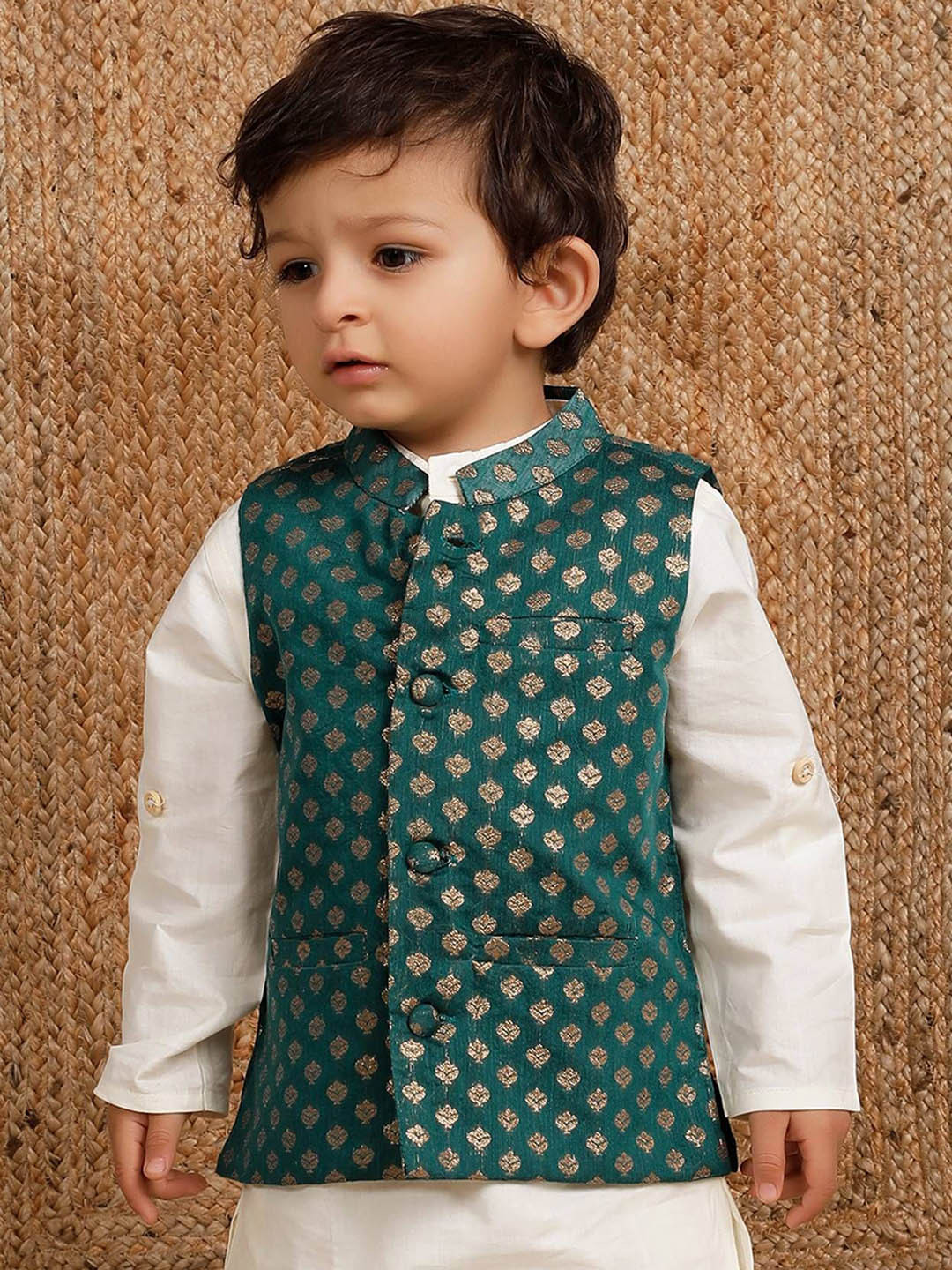 

TJORI Boys Woven Design Brocade Nehru Jackets, Green