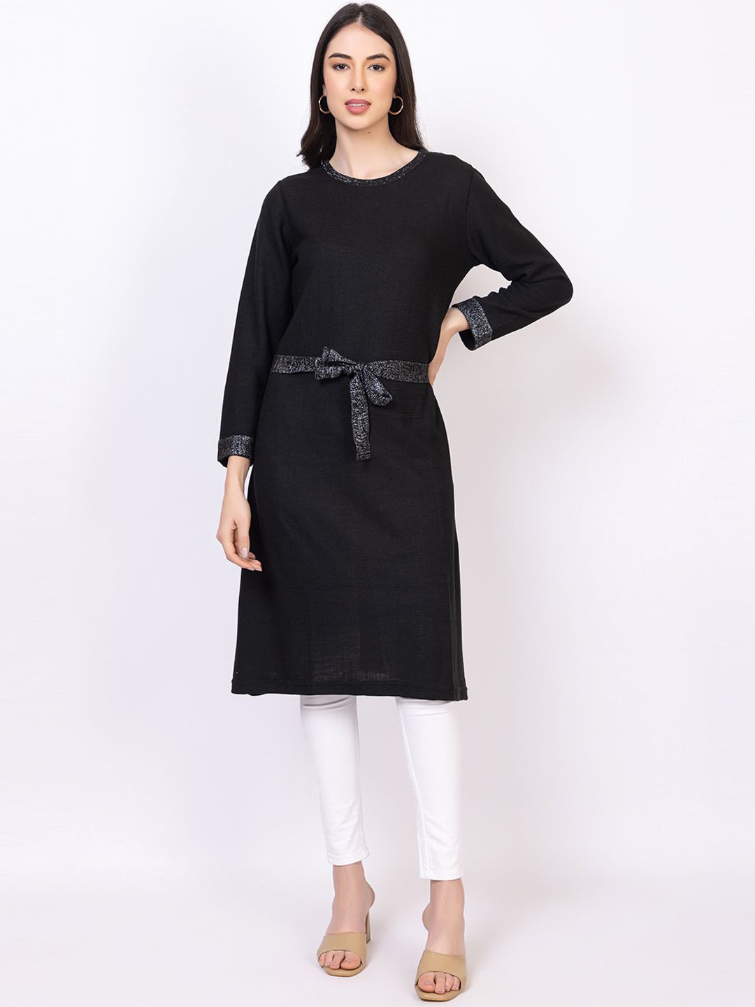 

KEIKO Belted Detail Round Neck Long Sleeves A-Line Kurta, Black