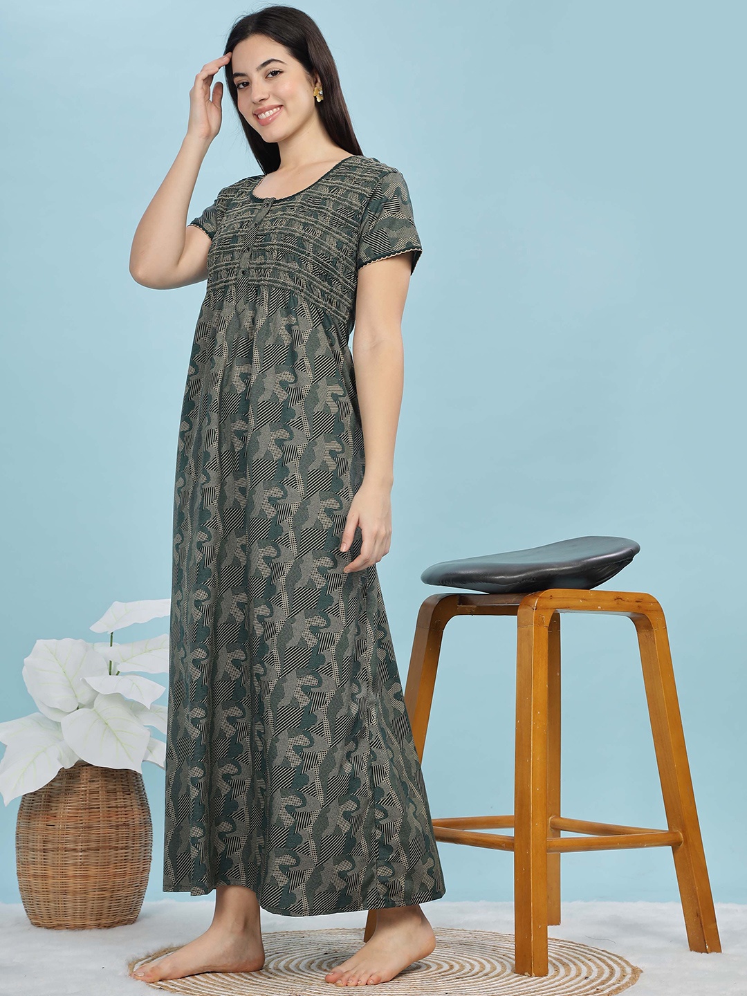 

9shines Label Women Abstract Printed Maxi Nightdress, Grey