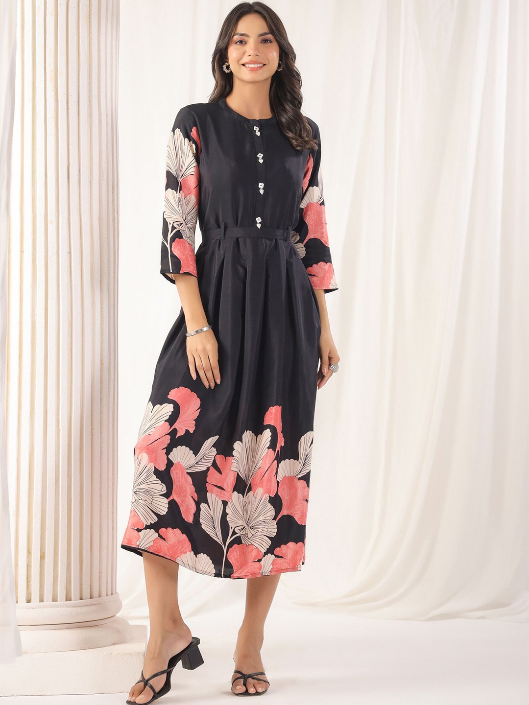 

JISORA Women Floral Printed A-Line Midi Dress, Black