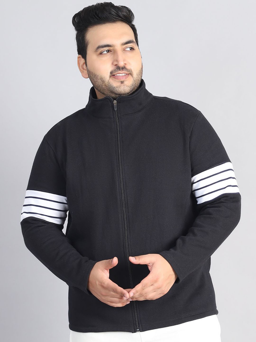 

Rute Men Mock Collar Plus Size Solid Cotton Casual Open Front Jacket, Black