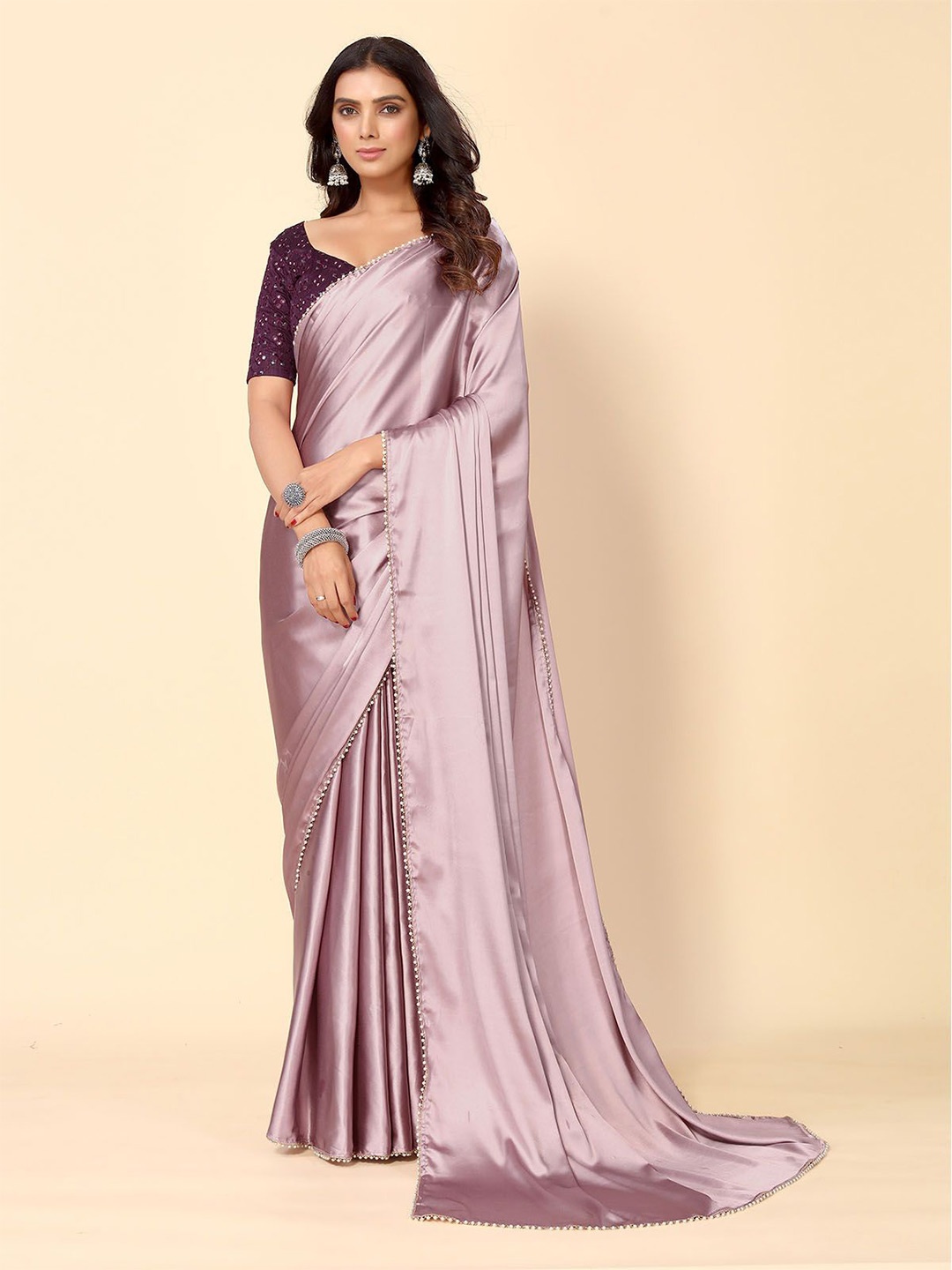 

ODETTE Beads and Stones Satin Saree, Mauve