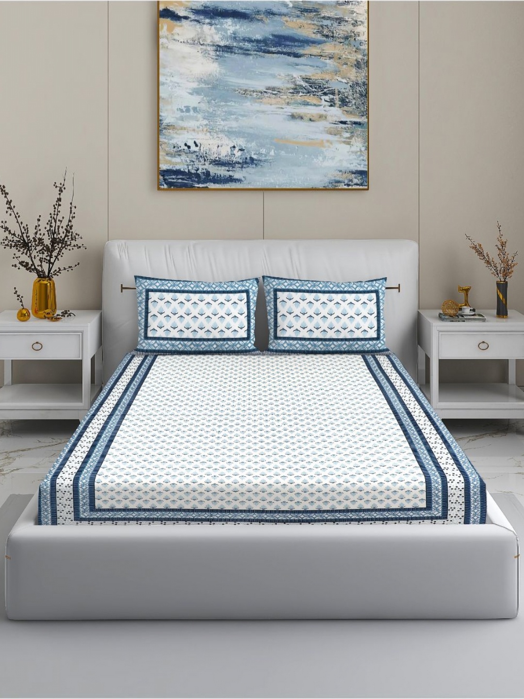

MODEFE Blue & White Floral Cotton 144 TC Double King Bedsheet Set-2.74 m x 2.28 m
