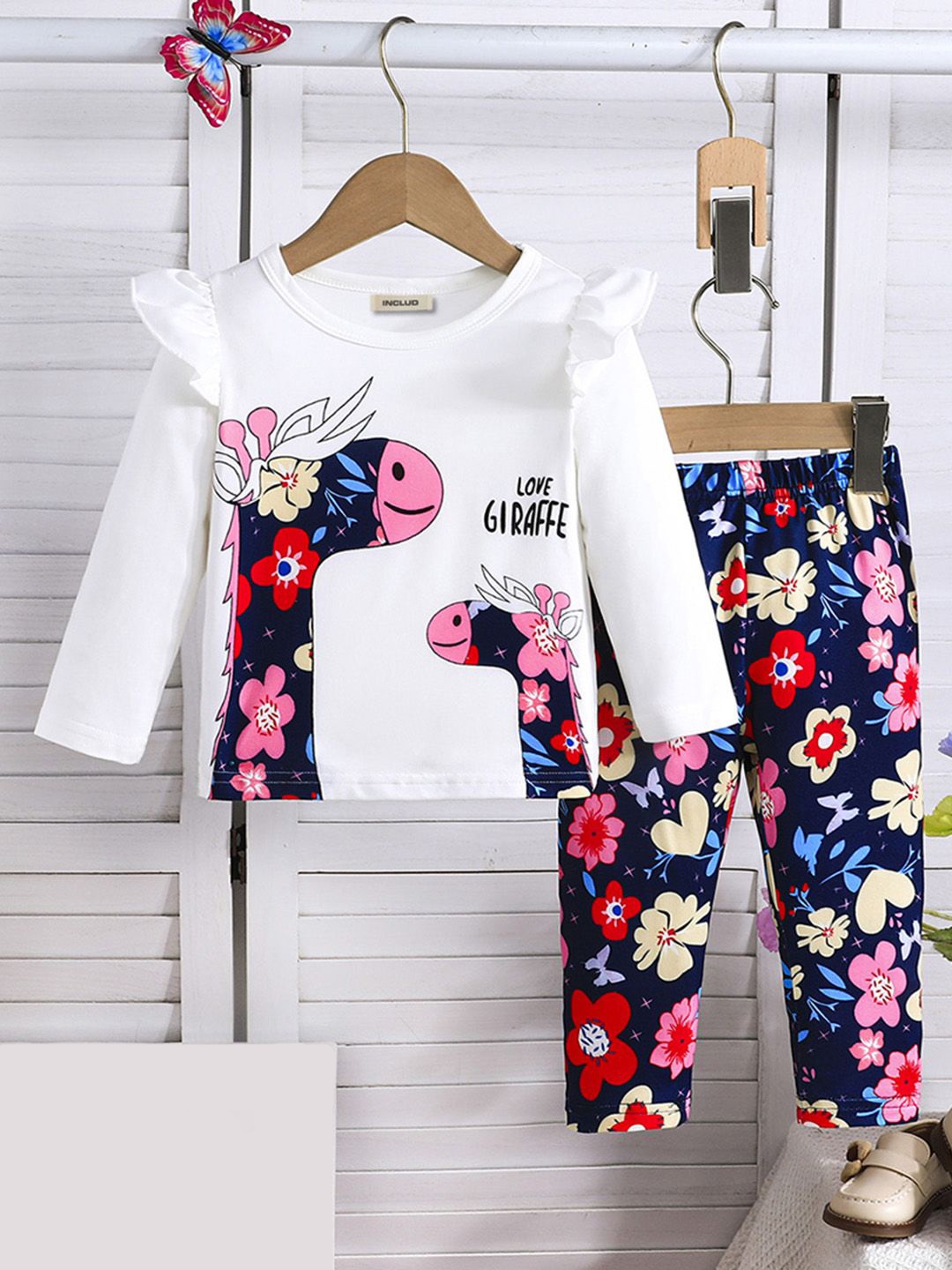 

INCLUD Girls Printed T-shirt with Trousers, White